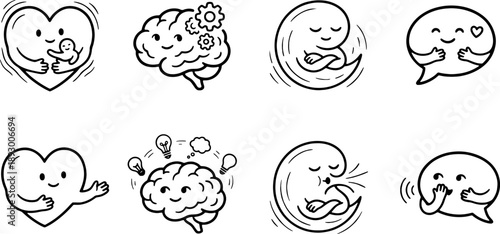 hand drawn doodle emotion icon set with happy faces hearts brains thinking speech bubbles and feelings in playful black and white line illustration style