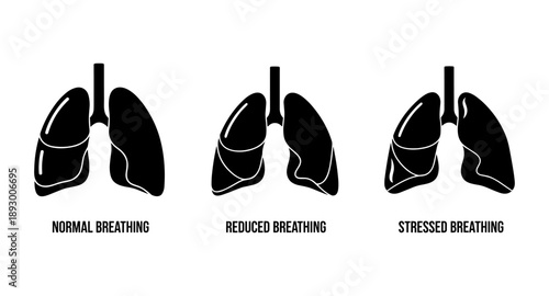 Comparison of normal, reduced, and stressed breathing patterns shown with lung icons