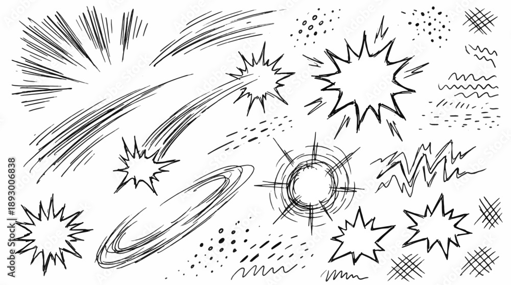 Fototapeta premium hand drawn comic effect set with motion lines speed strokes impact bursts explosions and dynamic energy marks in black and white sketch illustration style