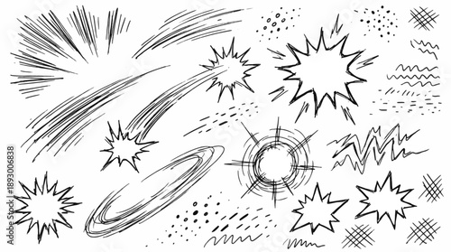 hand drawn comic effect set with motion lines speed strokes impact bursts explosions and dynamic energy marks in black and white sketch illustration style