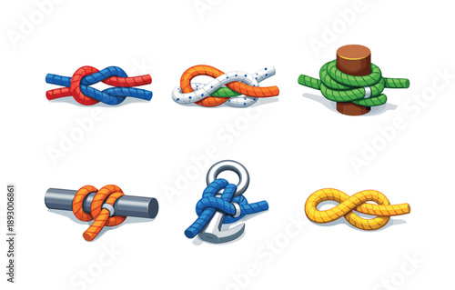 Sailing Knots Grid. Sailing knots. Isometric flat vector icons set of sailing knots: reef knot, sheet bend, round turn and two half hitches, rolling hitch,