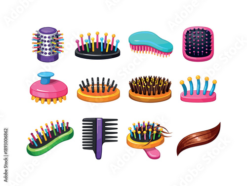 Colorful Hairbrush Icons. Hairbrush bristle. Colorful flat vector icons set of hairbrush bristle: round brush head, close-up bristles, detangling brush, paddle