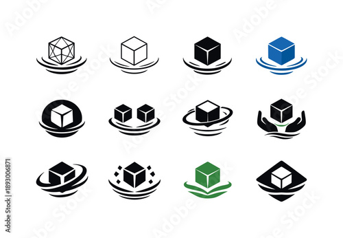 Weightlessness Symbol Variations. Weightlessness. Icon set. Set Logo of Weightlessness: floating cube. harmonious logo variations of the same emblematic