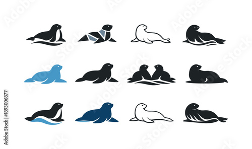 Marine Mammal Icons. Marine mammals. Icon set. Set Logo of Marine mammals: seal resting shape. harmonious logo variations of the same emblematic concept, each