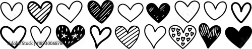 hand drawn heart icon collection with outline filled striped scribble and textured love symbols in black and white doodle style for romantic design use