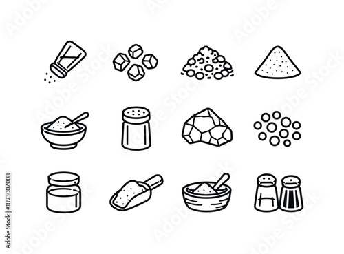 Salt Icon Collection. Salt. Line icon set of Salt: salt shaker, salt crystals, sea salt, salt pile, seasoning salt, kitchen salt, mineral salt, salt grains,