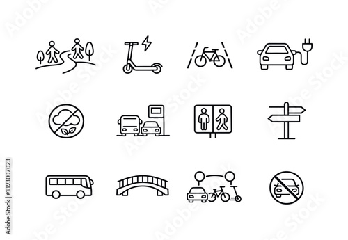 Green Mobility Icons. Green mobility map. Line icon set of Green mobility map: walking path icon, eco scooter, city cycling lane, EV charging symbol, no