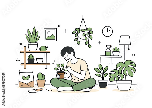Cozy Plant Care. Plant care lifestyle scene. A cozy interior with several potted plants and a person checking leaves and soil, expressing attention, patience,