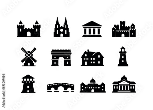 Historic Icon Collection. Historic buildings. Solid icon set of historic buildings: castle, cathedral, ancient temple, fortress, old mill, monument arch,