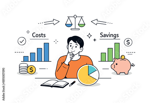 Budget Planning Illustration. Budget planning analysis. Individual comparing costs and savings using bar charts and pie diagrams, focused decision-making.