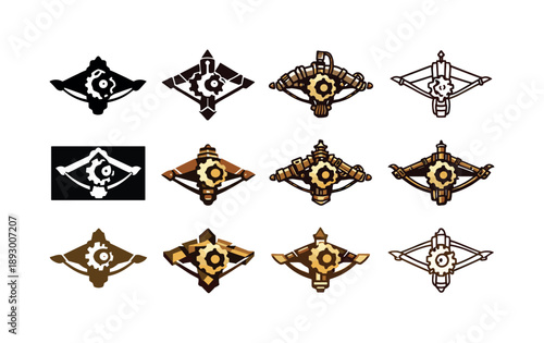 Steampunk Weapon Logos. Steampunk weapons. Icon set. Set Logo of Steampunk weapons: clockwork crossbow. harmonious logo variations of the same emblematic