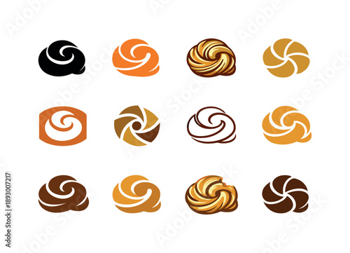 Pastry Icon Variations. Bite-sized pastries. Icon set. Set Logo of bite-sized pastries: puff pastry swirl. harmonious logo variations of the same emblematic