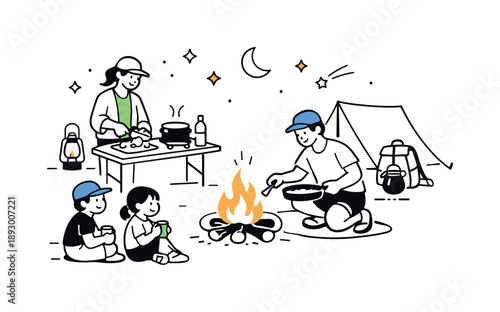 Evening Campfire Serenity. Evening campfire routine. Parents preparing food while children sit nearby, gentle teamwork and calm rhythm of camping life at