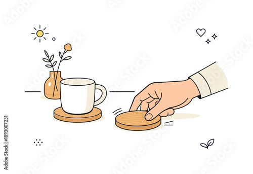 Minimalist Coaster Placement. Wooden coasters minimal. A hand placing a wooden coaster on a clean table, capturing a quiet moment of preparation and mindful
