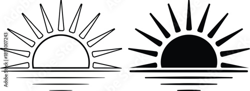 Sun, horizon icon with white sun and radiating rays above horizontal lines minimalist weather line symbol