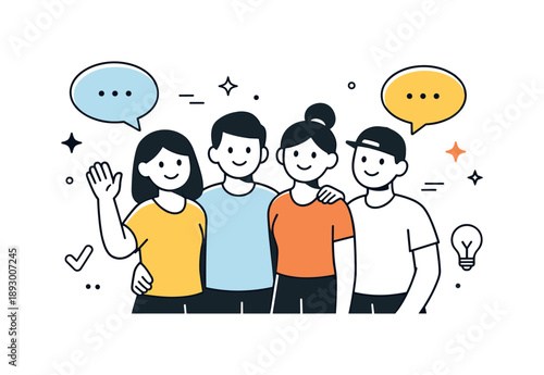 Collaborative Team Dynamics. Hiring and Teamwork Themes. Friendly team of abstract characters standing together with soft dialogue bubbles and spark icons.