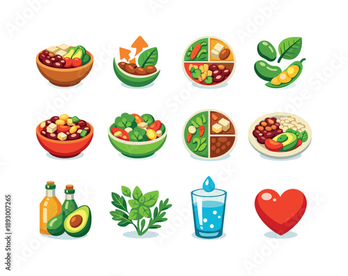 Colorful Healthy Bean Icons. Healthy Bean Eating. Colorful flat vector icons set of Healthy Bean Eating: high-protein bowl, fiber icon, balanced plate,