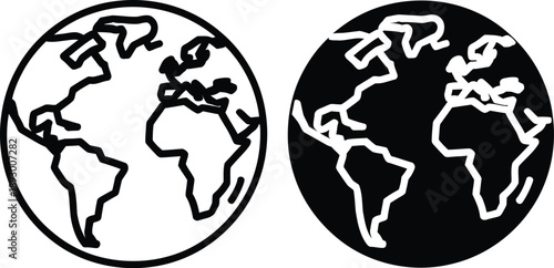 World map icon, black and white line drawing on white background with globe continents minimalist outline design