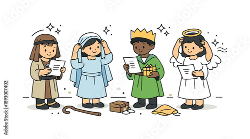 Nativity Play Rehearsal. Children in nativity play rehearsal. Children holding scripts and adjusting costumes before the performance. Quiet focus and shared