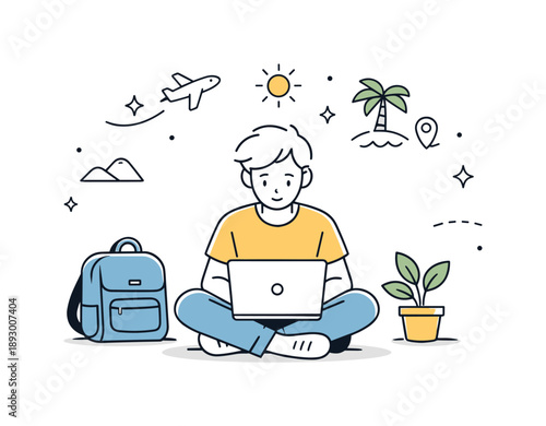 Digital Nomad Workspace. Digital nomad work. A person working remotely on a laptop with simple travel elements like a bag and plant nearby. Freedom and