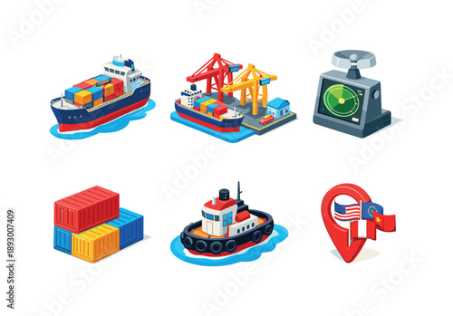 Maritime Trade Icons. Maritime Trade. Isometric flat vector icons set of Maritime Trade: large container vessel, busy seaport terminal, ship navigation radar,