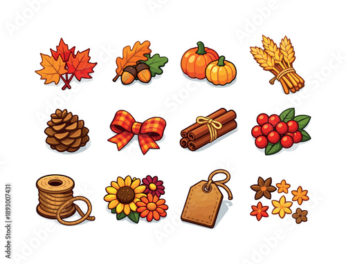 Autumn Wreath Icons. Autumn wreath. Colorful isometric vector icons set of autumn wreath: maple leaves, oak leaves, acorns, pumpkins, dried wheat, pinecones,