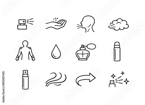 Perfume Application Icons. Perfume application. Line icon set of Perfume application: spray nozzle, wrist application icon, neck application icon, mist cloud,