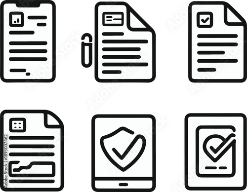  digital contract objects, electronic signature field, signed document file, approval checkmark stamp, contract version history, secure agreement icon, bold black thick outline line art 3