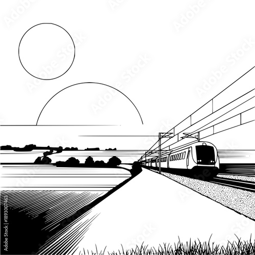 A train travels along a track with a sun and horizon in the background in a black and white illustration