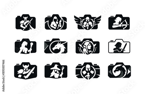 Cosplay Icon Set. Cosplay photography. Icon set. Set Logo of Cosplay photography: camera capturing fantasy character. harmonious logo variations of the same