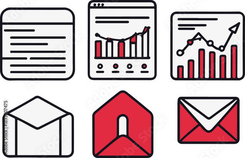  email marketing objects, inbox tray, newsletter template, open rate chart, unsubscribe button, send email icon, bold black thick outline line art 2