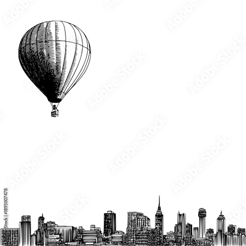 Illustration of a hot air balloon floating above a detailed cityscape skyline with tall buildings and structures