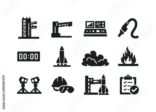Rocket Launch Icon Set. Rocket launchpad. Solid icon set of Rocket launchpad: launch tower, gantry arms, control panel, fueling pipe, countdown timer, rocket