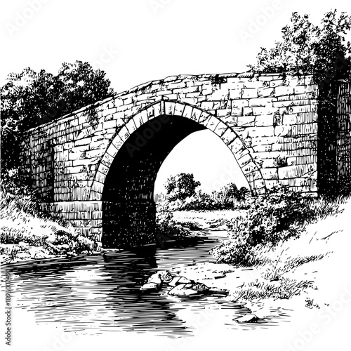 Illustration of a stone bridge over a river with trees and vegetation in a black and white drawing