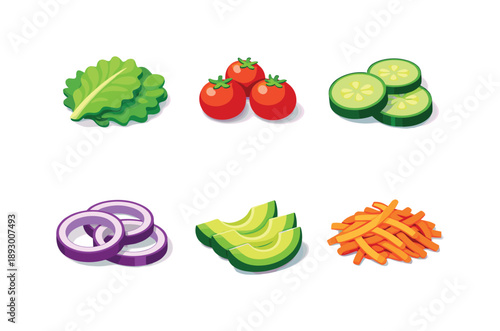 Colorful Salad Icons. Salad ingredients. Isometric flat vector icons set of salad ingredients: lettuce leaves, cherry tomatoes, sliced cucumber, red onion