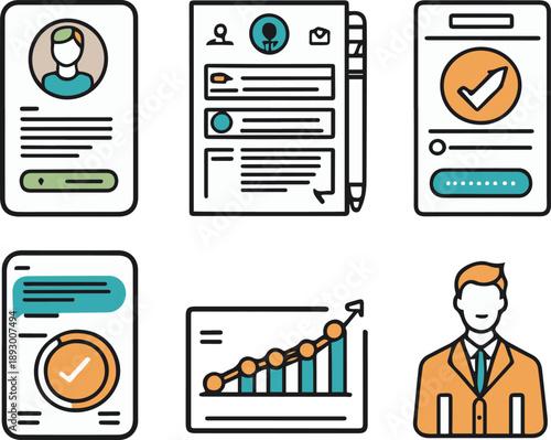 influencer marketing objects, influencer profile card, campaign brief document, sponsored post icon, performance analytics chart, payout confirmation icon, bold black thick outline line art 1