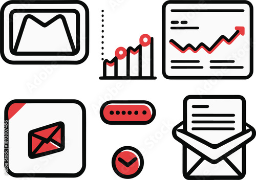 email marketing objects, inbox tray, newsletter template, open rate chart, unsubscribe button, send email icon, bold black thick outline line art