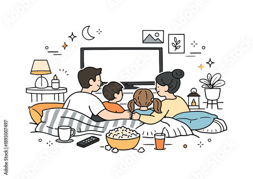 Cozy Movie Night. Family movie night cozy environment. A scene showing blankets, pillows, and dim lighting in the living room to enhance the home cinema