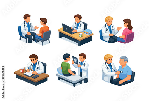 Medical Consultation Icons. Medical consultation. Isometric flat vector icons set of Medical consultation: doctor and patient discussion, doctor at desk with