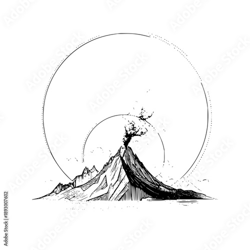 A sketch of a volcano with smoke rising from the crater surrounded by two dotted circles design art