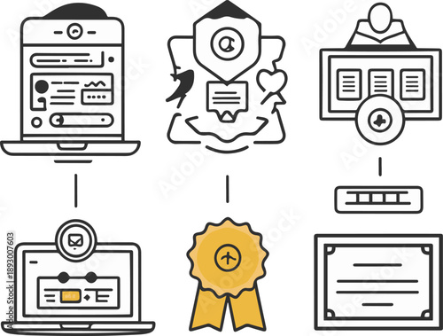 online course funnel objects, course landing page, lesson video player, student enrollment badge, progress tracker bar, certificate icon, bold black thick outline line art 1