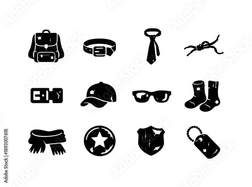 Retro Accessories Icons. Old school clothing accessories. Solid icon set of old school clothing accessories: worn backpack, faded belt, loose necktie, broken