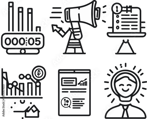  product launch objects, launch countdown timer, announcement megaphone, early access badge, launch analytics chart, success celebration icon, bold black thick outline line art 1.