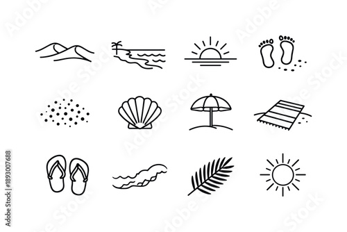 Beach Icon Set. Warm Sand. Line icon set of Warm Sand: sand dunes, beach shoreline, sun above horizon, footprints in sand, sand grains texture, seashell, beach