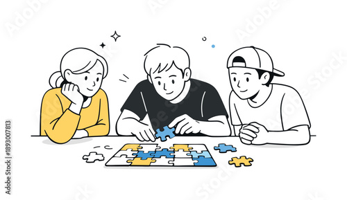 Puzzle Solving Together. Friends building puzzle focus moment. One friend carefully placing a piece while others watch attentively. Quiet focus and supportive