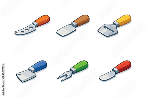 Cheese Tools Collection. Cheese Serving. Isometric flat vector icons set of Cheese Serving: cheese knife with holes, flat spatula knife, angled cheese cutter,