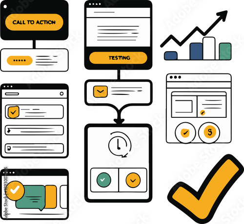  website conversion objects, call to action button, landing page layout, conversion funnel step, A B testing screen, success checkmark icon, bold black thick outline line art 3