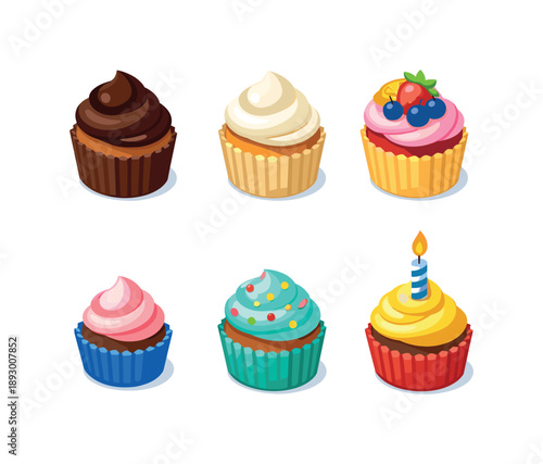 Colorful Cupcake Icons. Cupcake variety. Isometric flat vector icons set of cupcake variety: chocolate cupcake, vanilla cupcake with frosting, fruit topped