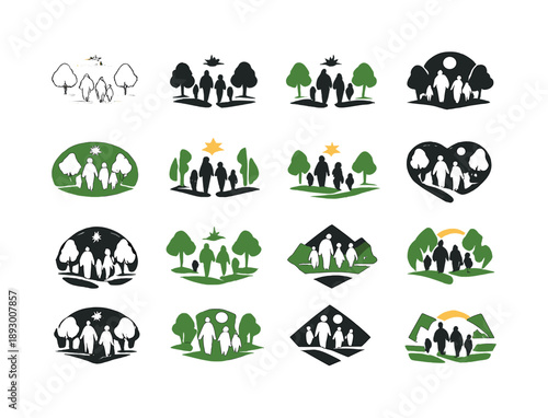Family Walk Icons. A family taking a walk in the park, enjoying each other?s company. Icon set. Set Logo of family walk in the park: relaxed walking