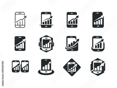 Financial App Icons. Using a financial app. Icon set. Set Logo of using a financial app: investment growth graph on phone. harmonious logo variations of the